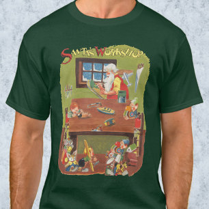 Camiseta Natal Antigo Papai Noel com Elfos na Oficina
