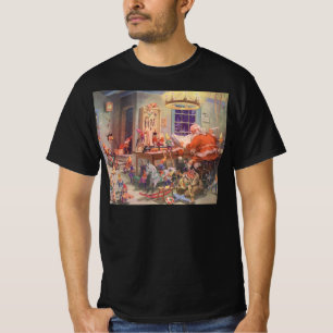 Camiseta Natal Antigo, Papai Noel com Oficina de Elfos