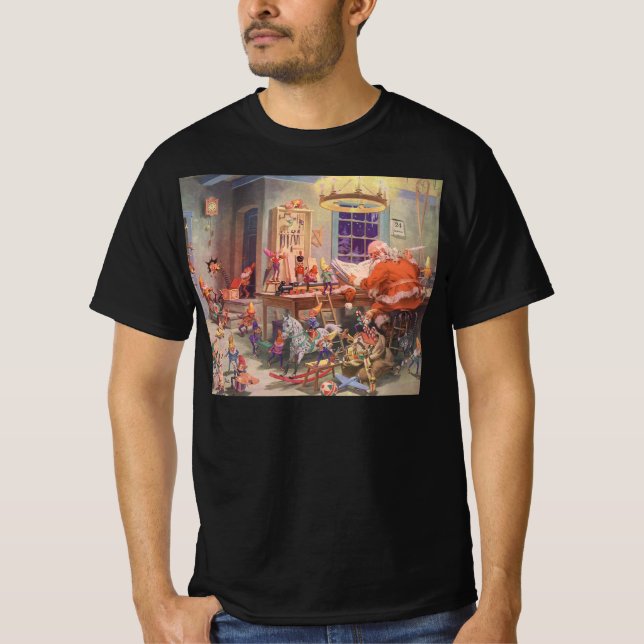 Camiseta Natal Antigo, Papai Noel com Oficina dos Elfos (Frente)