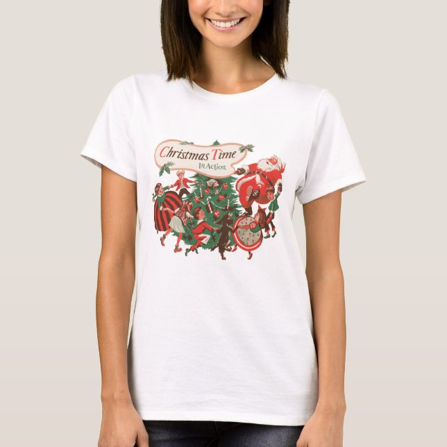 Camiseta Natal Antigo Papai Noel e Crianças Dançando (Frente)