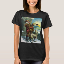 Camiseta Natal Antigo Papai Noel Telescópio Cachorro Pôr do