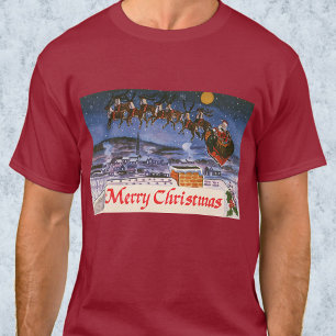 Camiseta Natal Antigo Papai Noel Voando Seu Trenó