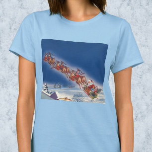 Camiseta Natal Antigo, Papai Noel Voando Trenó com Rena