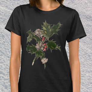 Camiseta Natal Antigo, Planta de Azevinho Verde com Frutas