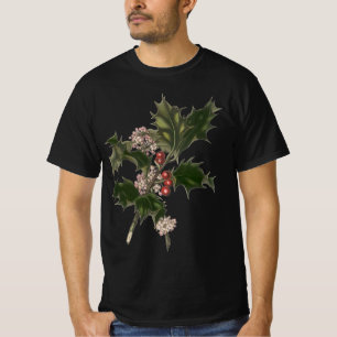 Camiseta Natal Antigo, Planta de Azevinho Verde com Frutas