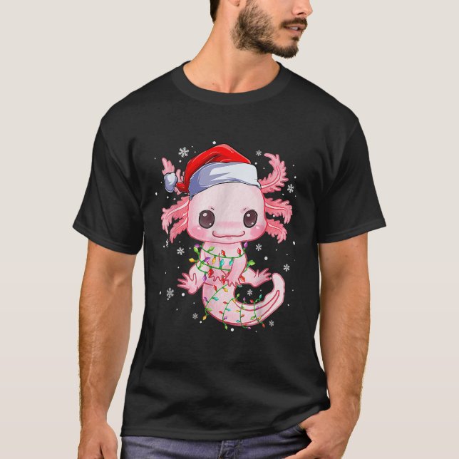 Camiseta Natal Axolotl Santa Hat Luz Japonês Bonito A (Frente)