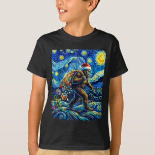 Camiseta Natal Bigfoot Chapéu de Papai Noel Van Gogh Noite 