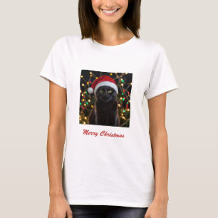 Camiseta Natal Black Cat - Foto personalizada do Santa Hat