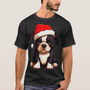 Camiseta Natal Boston Terrier Cachorro Chapéu de Papai Noel