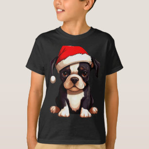 Camiseta Natal Boston Terrier Cachorro Chapéu do Papai Noel