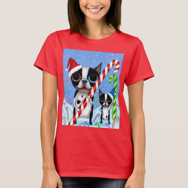 Camiseta Natal Boston Terrier Cogs Candy Cane Santa Hat (Frente)