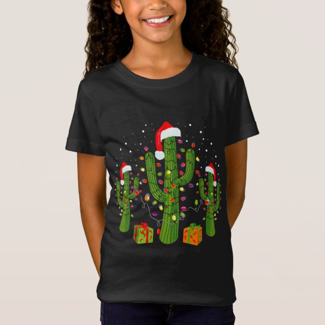 Camiseta Natal Cactus Vestindo Santa Hats e Luzes (Frente)