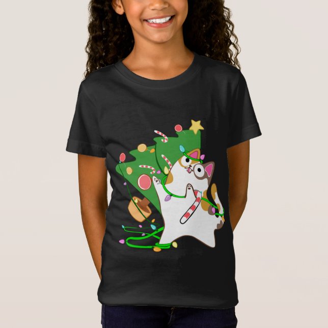 Camiseta Natal Cat Calico derrubou gatinho de árvore do xma (Frente)