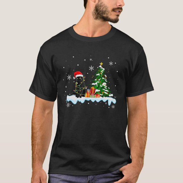 Camiseta Natal Cat Santa Hat Black Cat Pajama Natal (Frente)