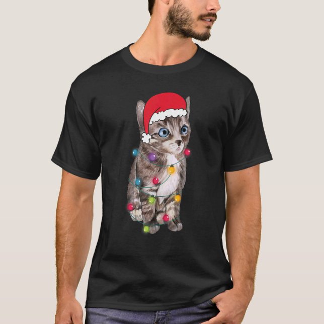 Camiseta Natal Cat Santa Hat Luz Natal (Frente)