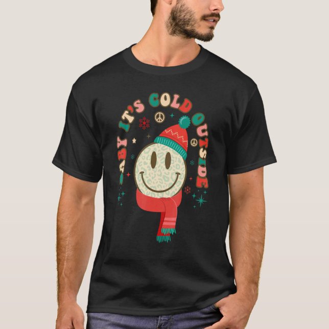 Camiseta Natal com Cara de Sorriso de Leopardo Groovy Retro (Frente)