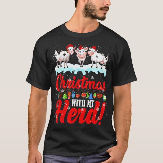 Camiseta Natal Com Minha Manada Luz de Natal Vaca de Natal  (Frente)