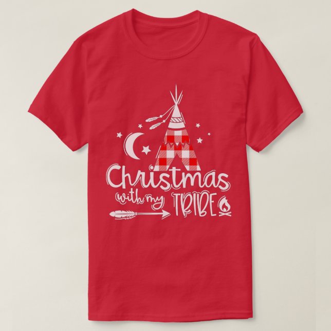 Camiseta Natal Com Minha Tribo Família da Xadrez Vermelha C (Frente do Design)