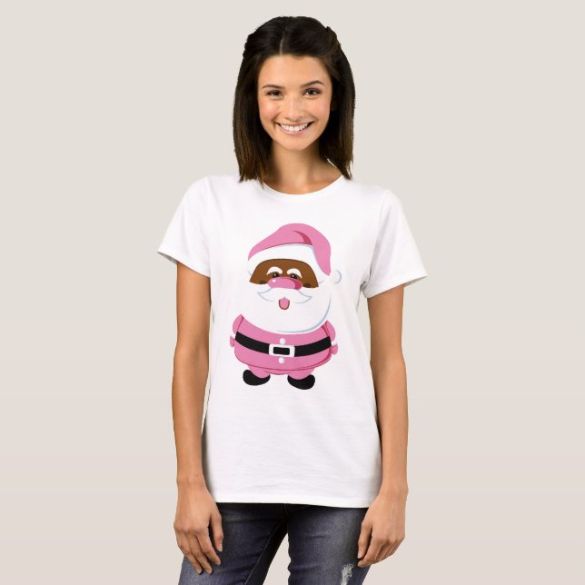 Camiseta Natal cor-de-rosa negro afro-americano Papai Noel (Frente Completa)