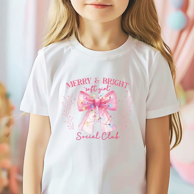Camiseta Natal da Coquette do arco Rosa (Girls Christmas shirt Merry and Bright Soft Girl Social Club)