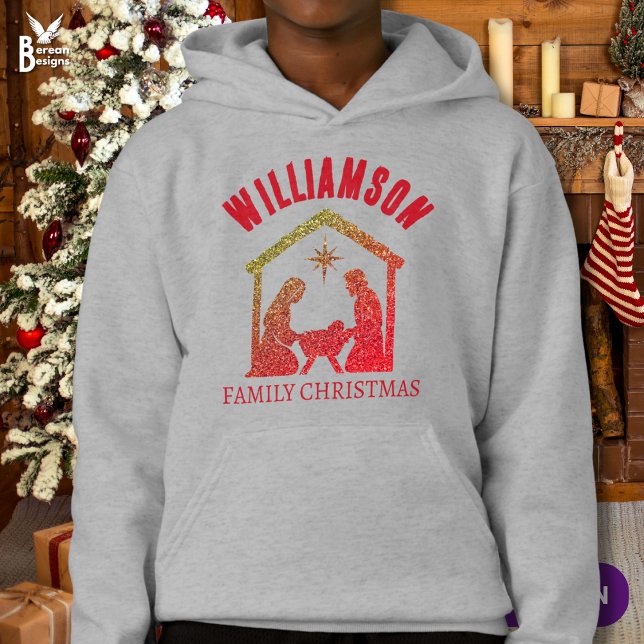 Camiseta Natal da família cristã de natividade personalizad (Personalized Christmas Family hoodie with glitter nativity design.)