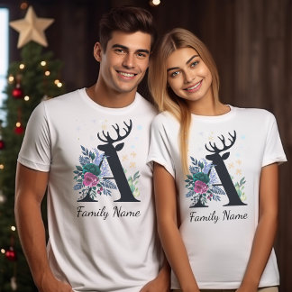 Camiseta Natal da Família Floral Elegante Monograma