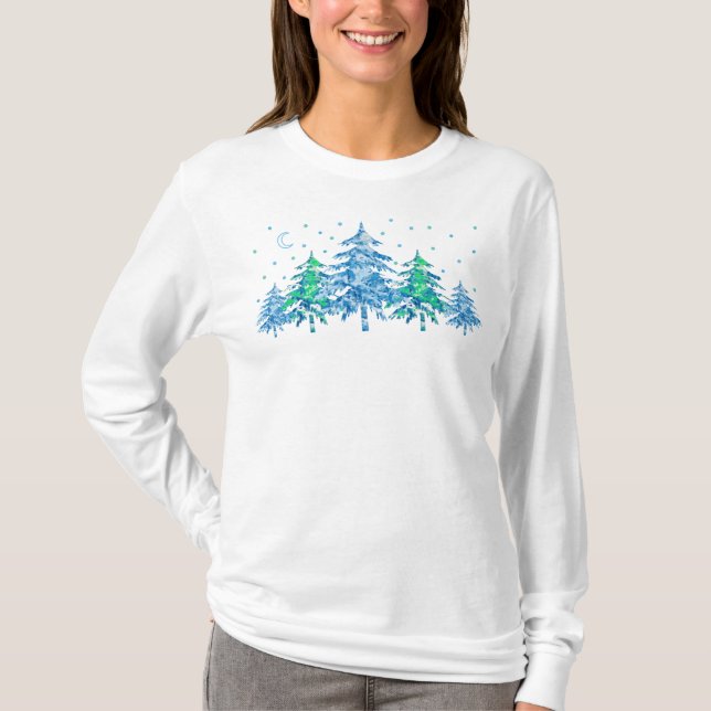 Camiseta Natal da Floresta de Inverno Verde Azul (Frente)