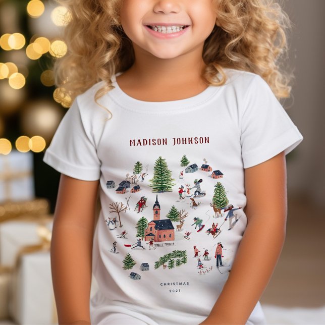 Camiseta Natal da Vila Nórdica de Inverno Mínimo e Bonita (Cute Minimalistic Nordic Winter Village Christmas T-Shirt)