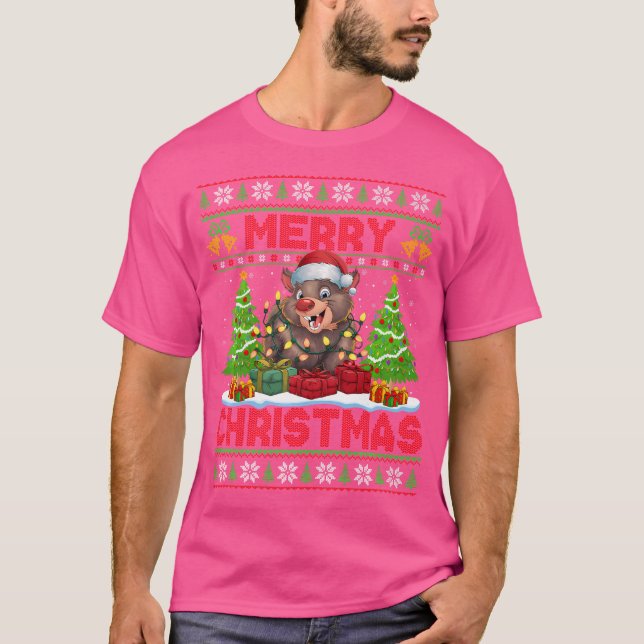 Camiseta Natal da Wombat do Santa Hat da Árvore Ugly (Frente)