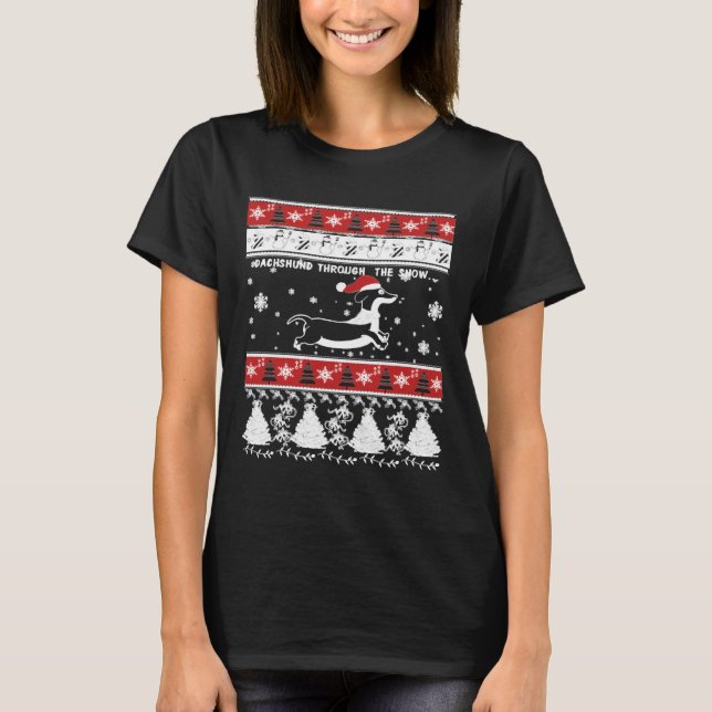 Camiseta Natal Dachshund Através Da Neve (Frente)
