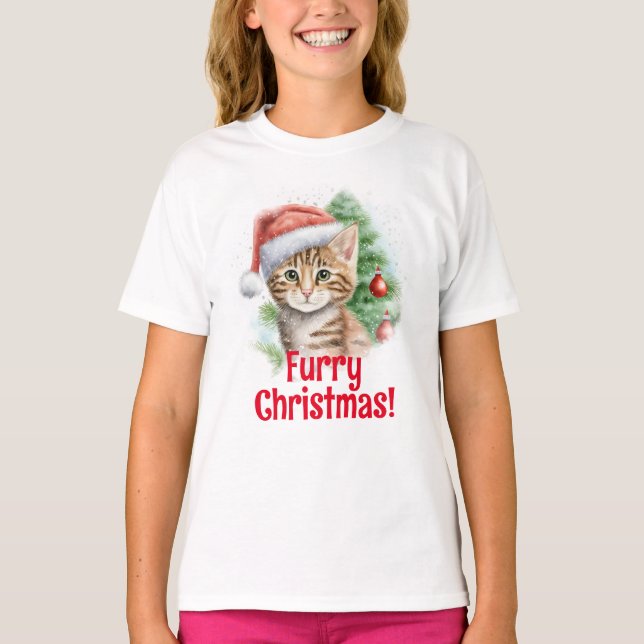 Camiseta Natal de Desenho de Gato Santa Hat Personalizável (Frente)