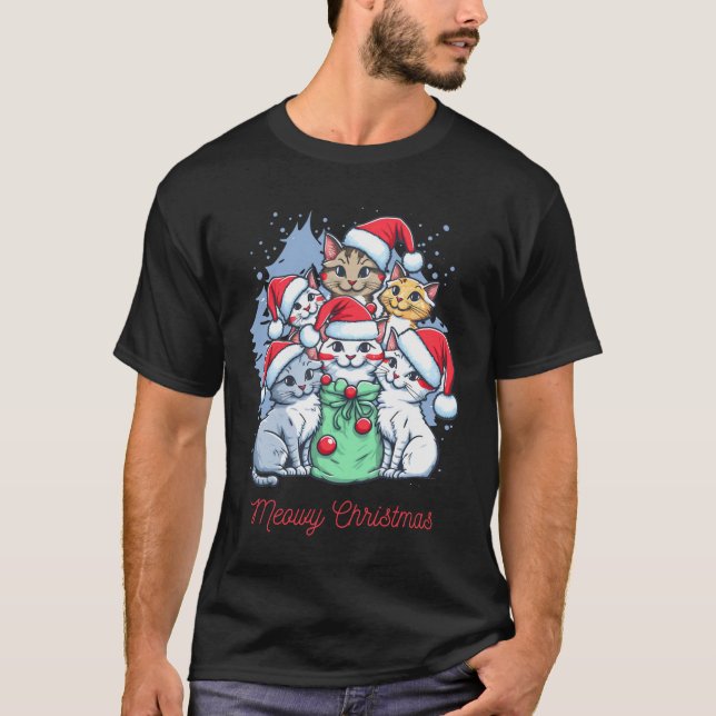 Camiseta Natal de Gato Vermelho Negro (Frente)