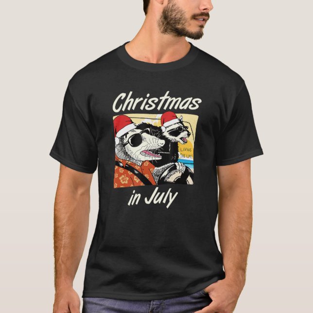 Camiseta Natal de Raccoon no Verão Tropical de julho (Frente)
