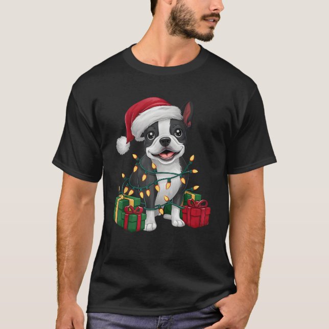 Camiseta Natal de Santa Hat Boston Terrier Dog de Xmas Ligh (Frente)