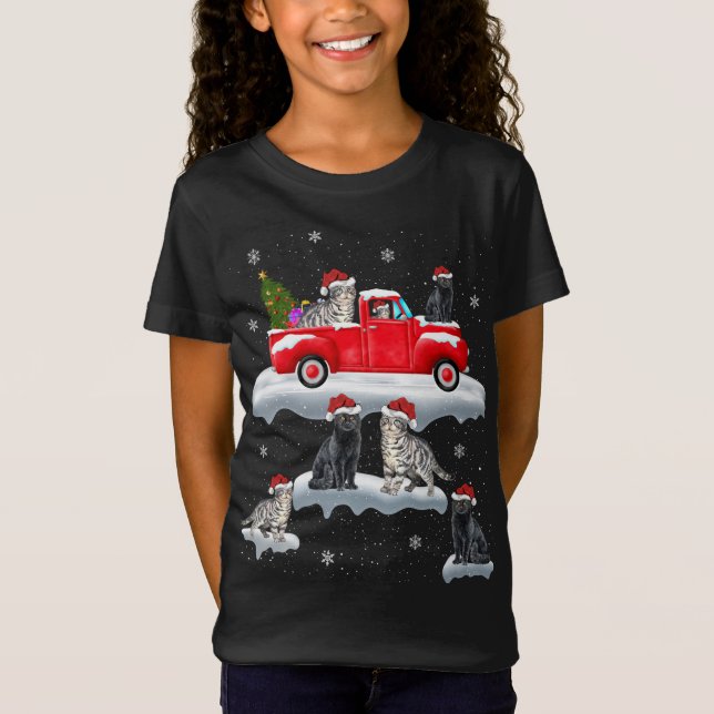 Camiseta Natal De Tração De Gato, Árvore Vermelha De Natal, (Frente)