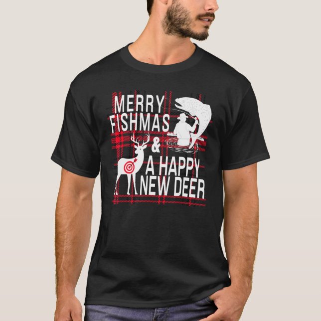 Camiseta Natal Divertido Pesca Caça Peixe Cervo Comida Rápi (Frente)