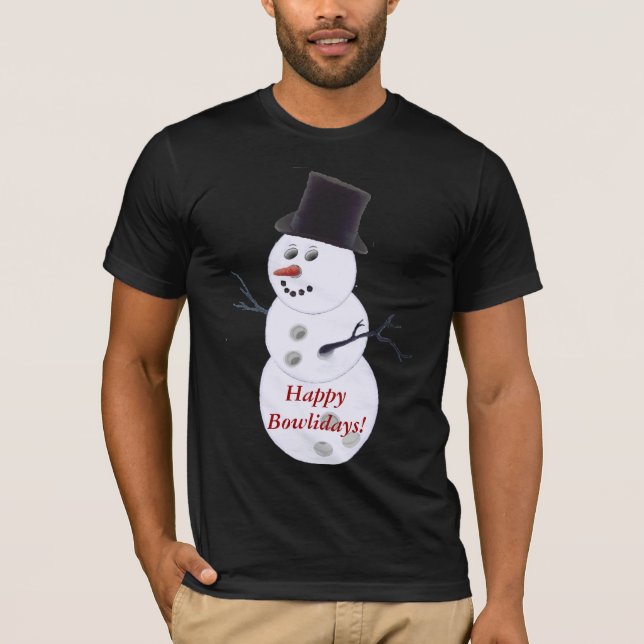 Camiseta Natal do boneco de neve da bola de boliche (Frente)