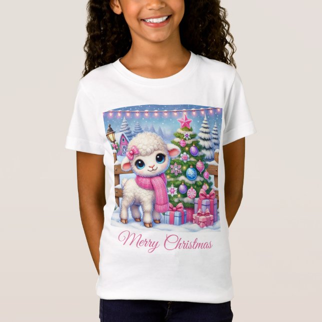 Camiseta Natal do bonito Pequeno Lamb na Fazenda (Frente)