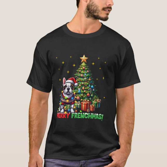 Camiseta Natal do Bulldog Santa - feliz francês Natal (Frente)