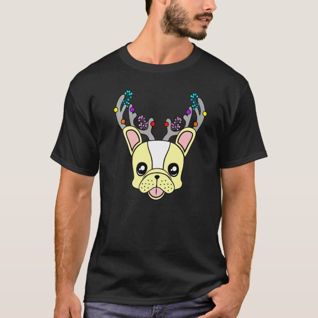 Camiseta Natal do Cão-Grande Francês Antlers Xmas (Frente)