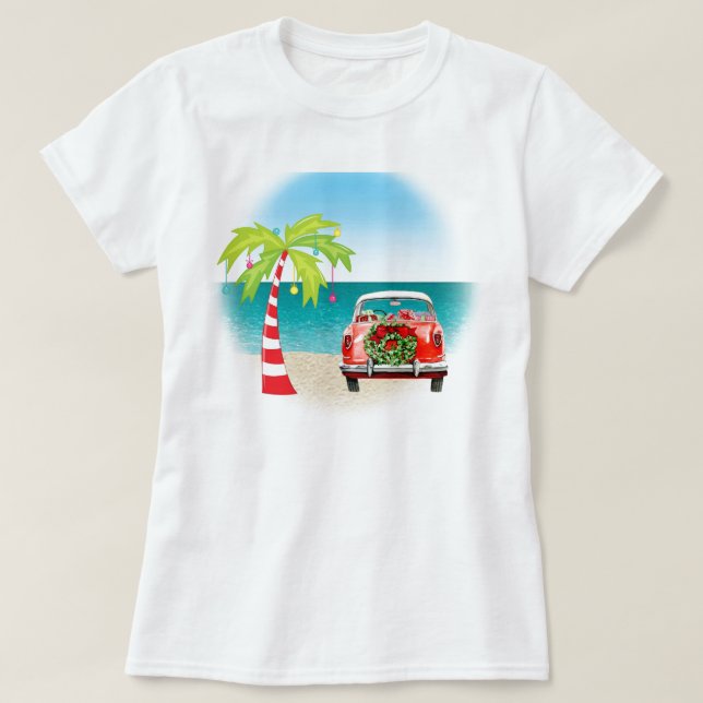 Camiseta Natal do carro clássico de praia tropical (Frente do Design)