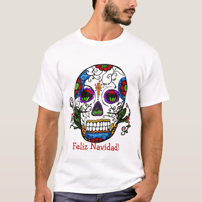 Camiseta Natal do crânio do açúcar, Feliz Navidad! (Frente)