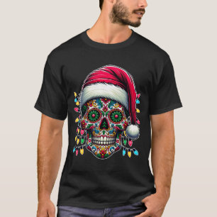 Camiseta Natal do Homem Açúcar Caveira Chapéu de Papai Noel