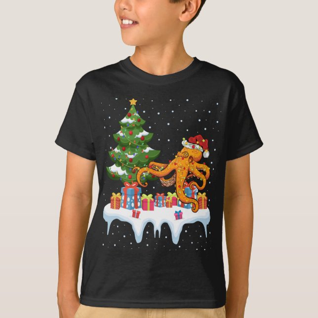 Camiseta Natal do Octopus da Árvore Santa de Iluminação Xma (Frente)