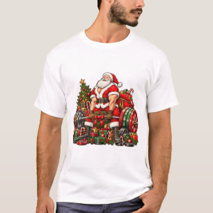Camiseta Natal do Papai Noel Musculoso Levantamento de Peso