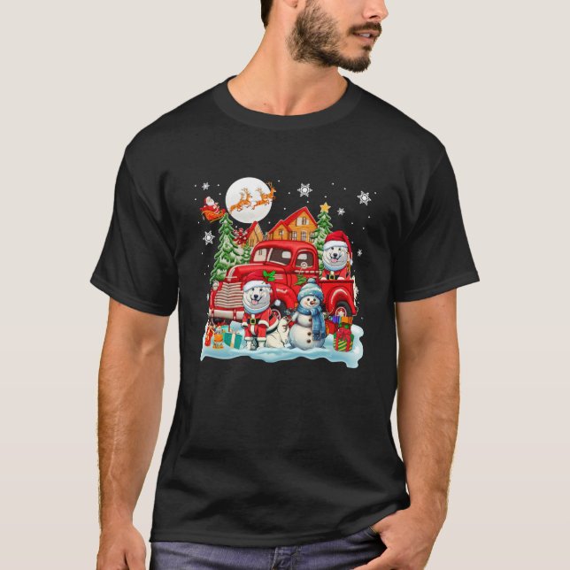 Camiseta Natal Dois Papais noeis Samoyees na Neve do Caminh (Frente)
