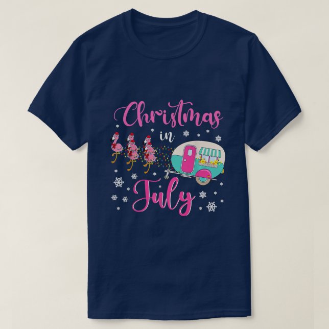 Camiseta Natal Em Julho, Flamingo Pink Santa Hat Camping (Frente do Design)