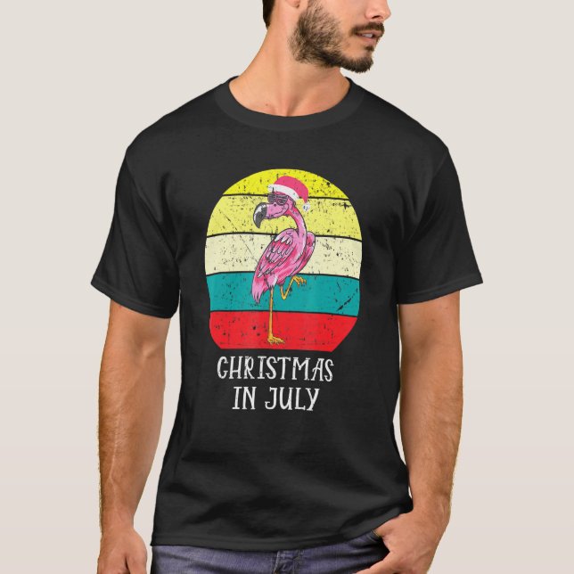 Camiseta Natal Em Julho Flamingo Rosa Em Santa Hat Men-W (Frente)