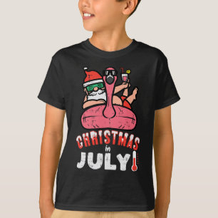Camiseta Natal em Julho Papai Noel Flamingo Boia de Piscina