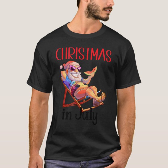 Camiseta Natal Em Julho Papai Noel Na Cadeira Da Praia Com (Frente)